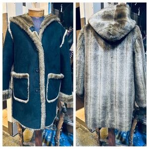 Dennis Basso REVERSIBLE Hooded Faux Fur Faux Shearling Trimmed Coat